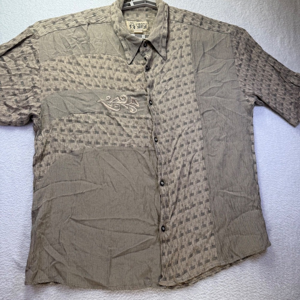 Vintage SMASH Geometric Y2K Shirt Men's L USA Made Tribal Embroidery 90s